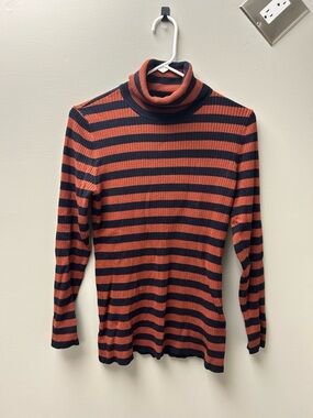 DKNY Women’s Striped Orange & Blue Turtleneck Long Sleeve Top